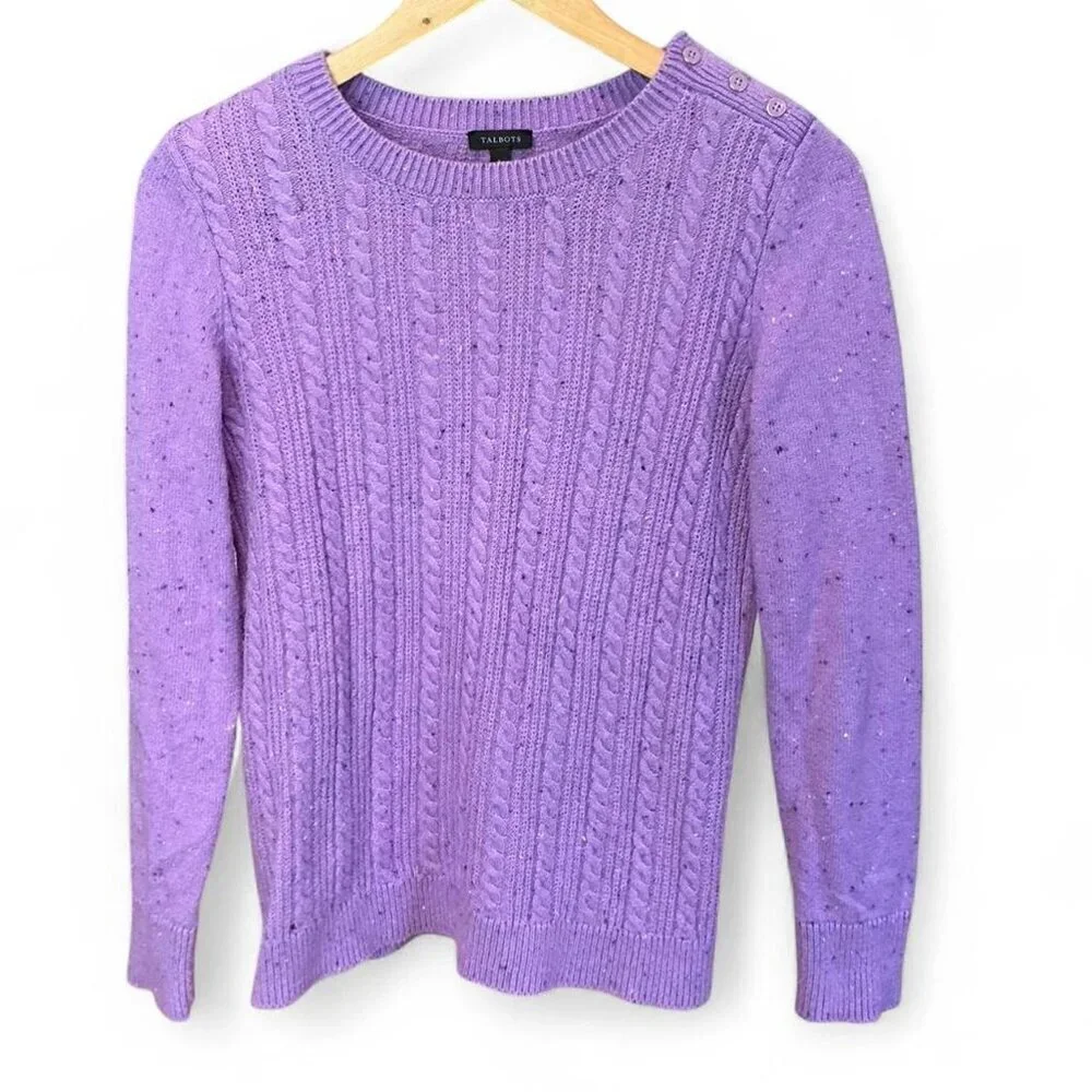 Purple Cable Knit‎ Tweed Crewneck Sweater Cotton Size XS Talbots